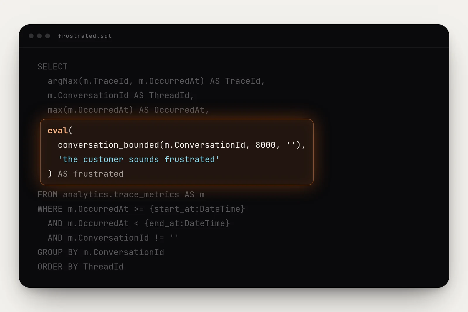 The same SQL statement in an editor window, with the eval call highlighted