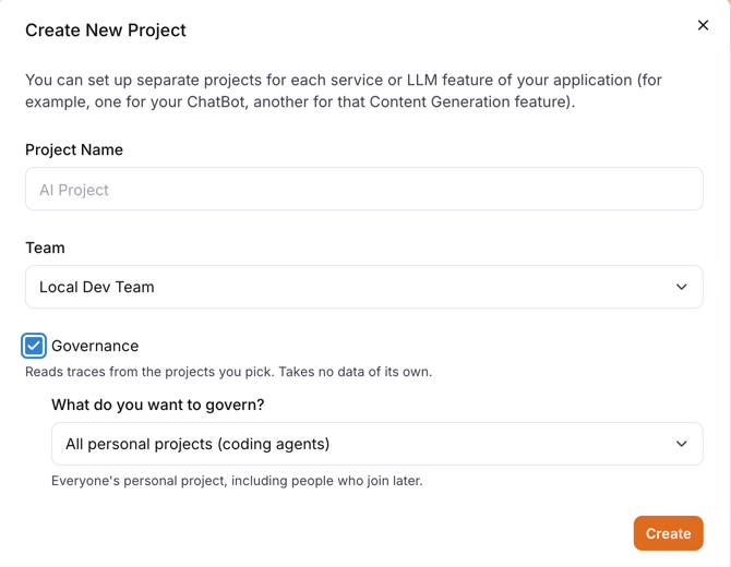 Create New Project with Governance ticked and "All personal projects (coding agents)" chosen