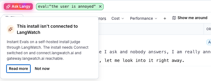 The popover on an install that cannot reach LangWatch, naming connect.langwatch.ai and gateway.langwatch.ai