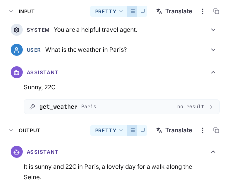 A LangChain span shown as system, user and assistant messages, with the tool call