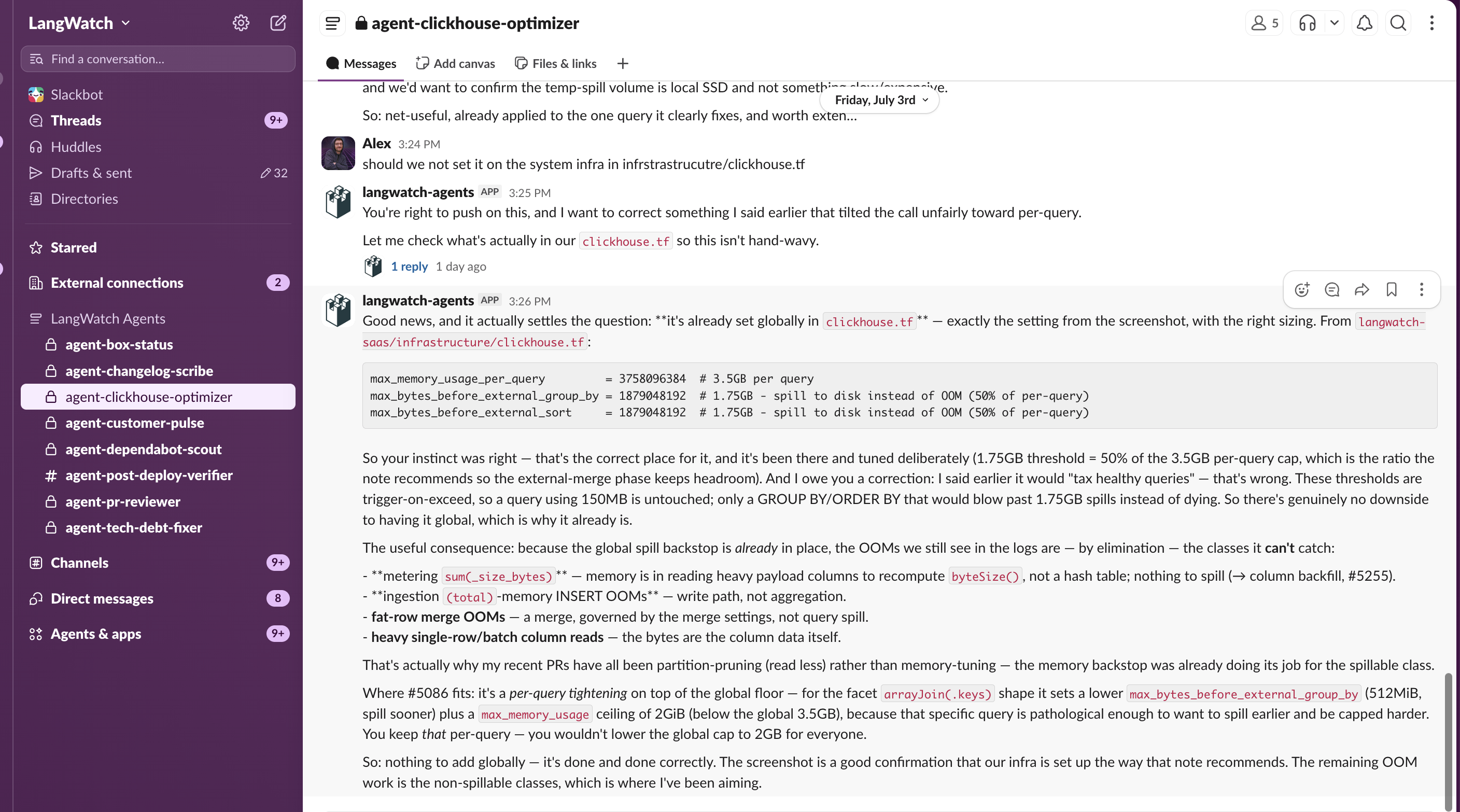 The LangWatch Agents section in our Slack sidebar, and an open thread in agent-clickhouse-optimizer where an engineer asks whether a memory setting belongs in the shared infrastructure config and the agent rechecks the file and walks back an earlier claim.