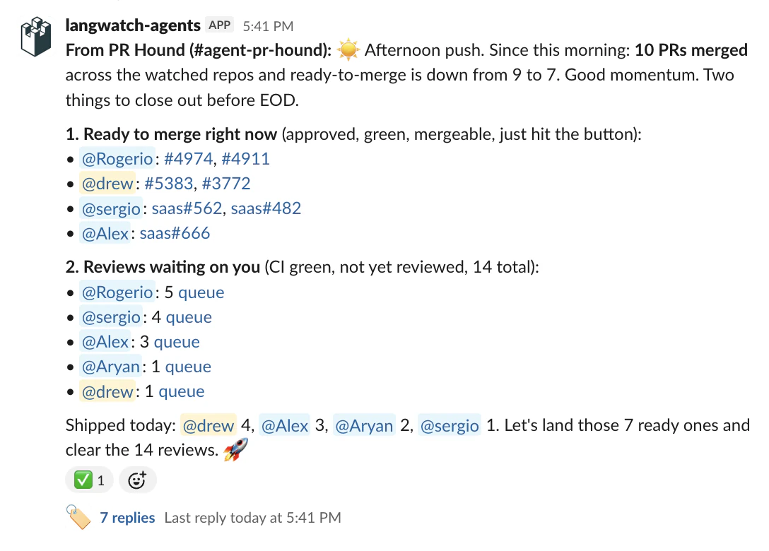 The Hound's afternoon Slack digest: 10 PRs merged since morning, seven ready-to-merge PRs each assigned to one named person, and per-person review queues.